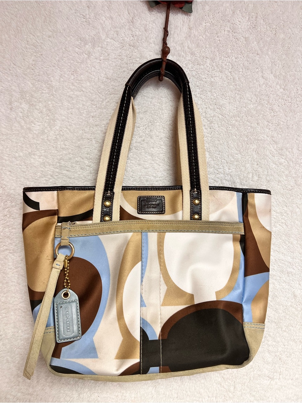 Coach Canvas Tote in Cream, Brown & Blue Colorblock